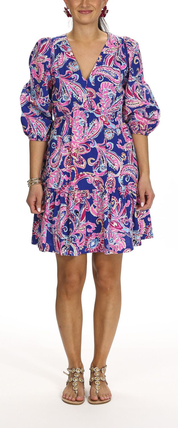LILLY PULITZER DEACON 3/4 SLEEVE V-NECK MULTI FLITTING ABOUT