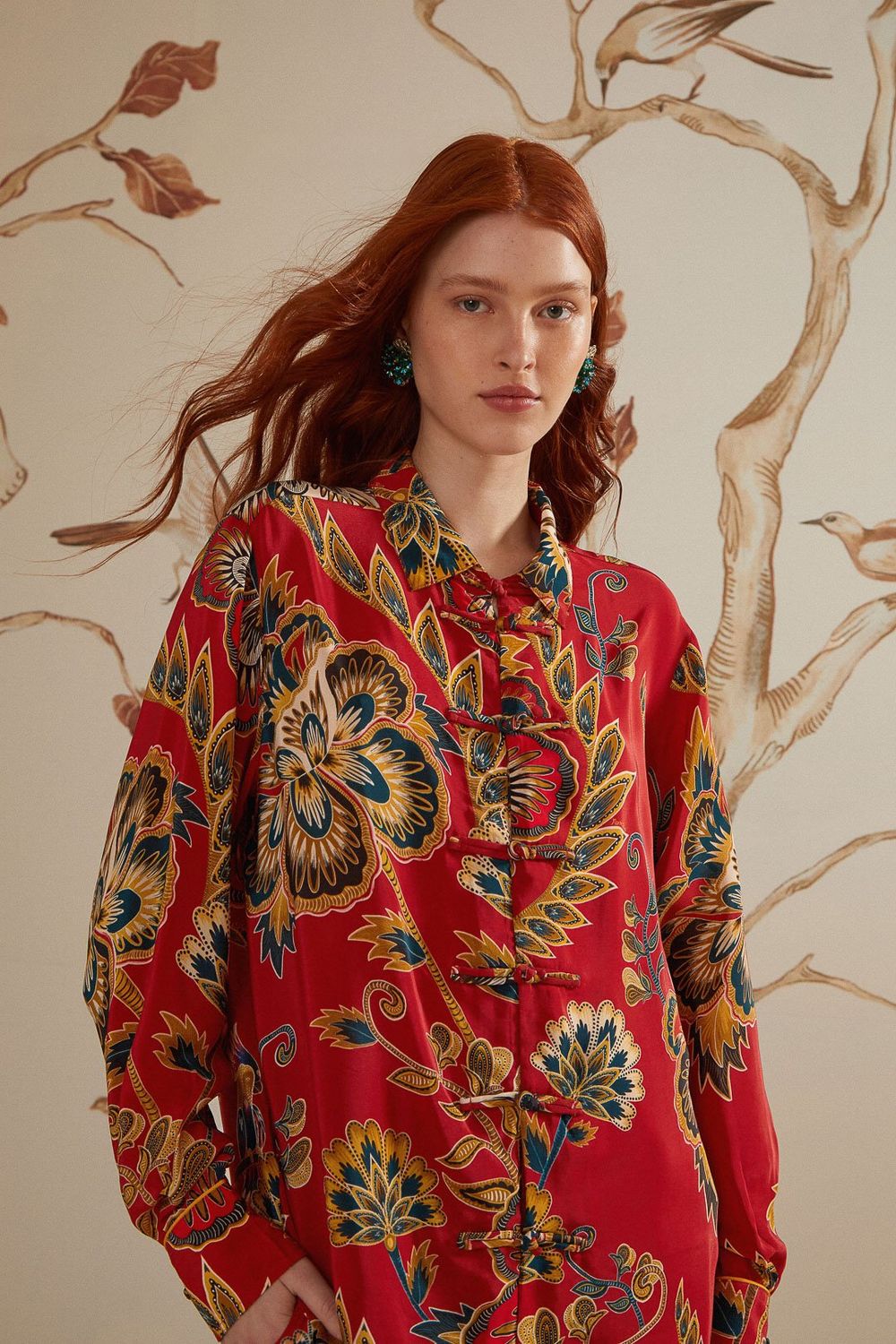 FARM RIO MAXI FLORAL RED PAJAMA SHIRT
