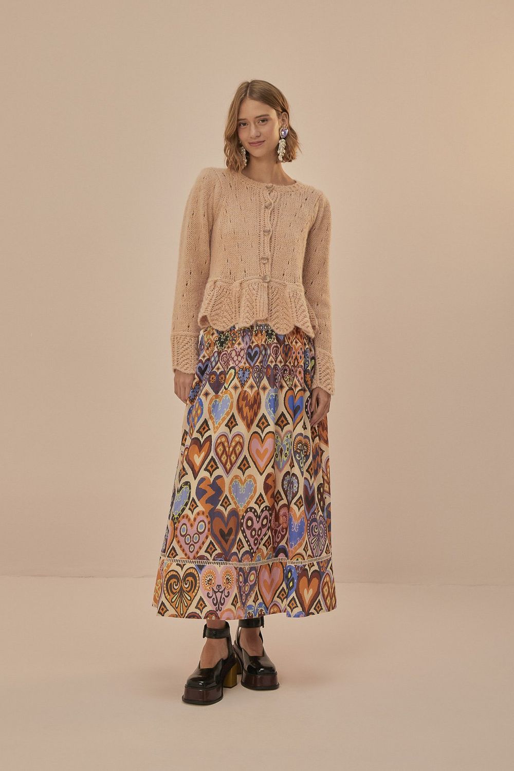 FARM RIO HEARTS IKAT CREAM MIDI SKIRT