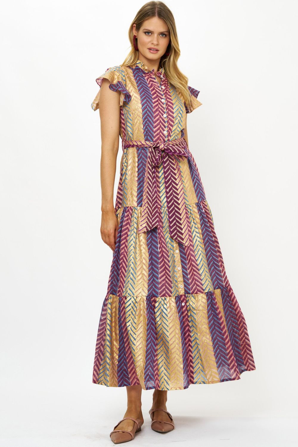 Oliphant Ruffle Collar Button Maxi Torino Blue