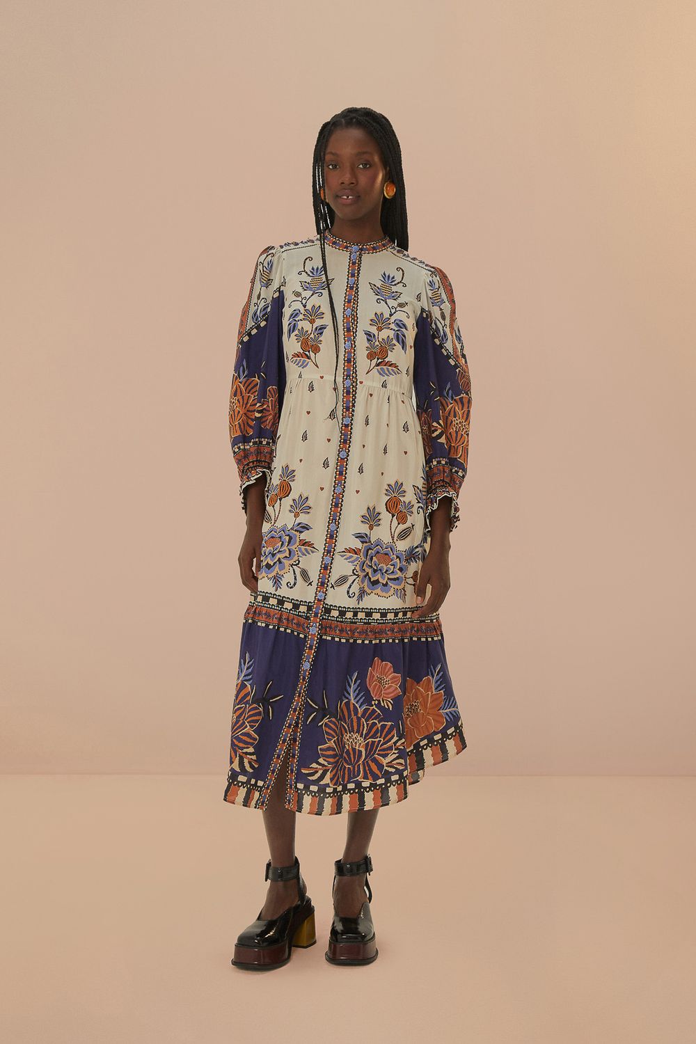 FARM RIO AINIKA MAXI FLORAL OFF-WHITE LONG SLEEVE MIDI DRES