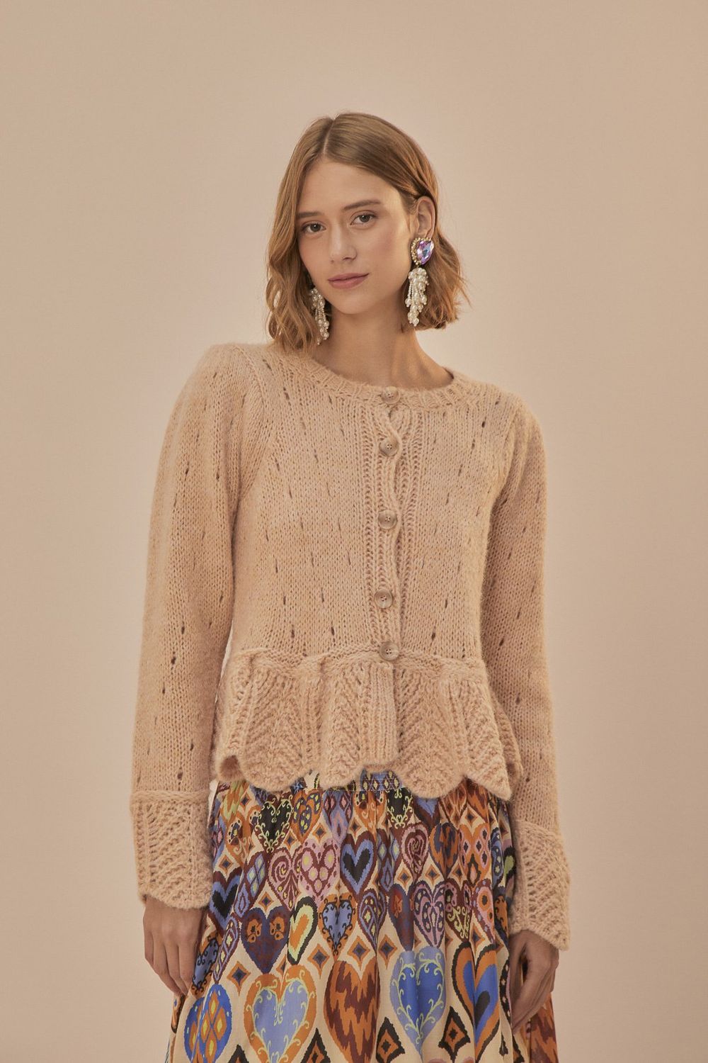 FARM RIO SAND RUFFLED KNIT CARDIGAN