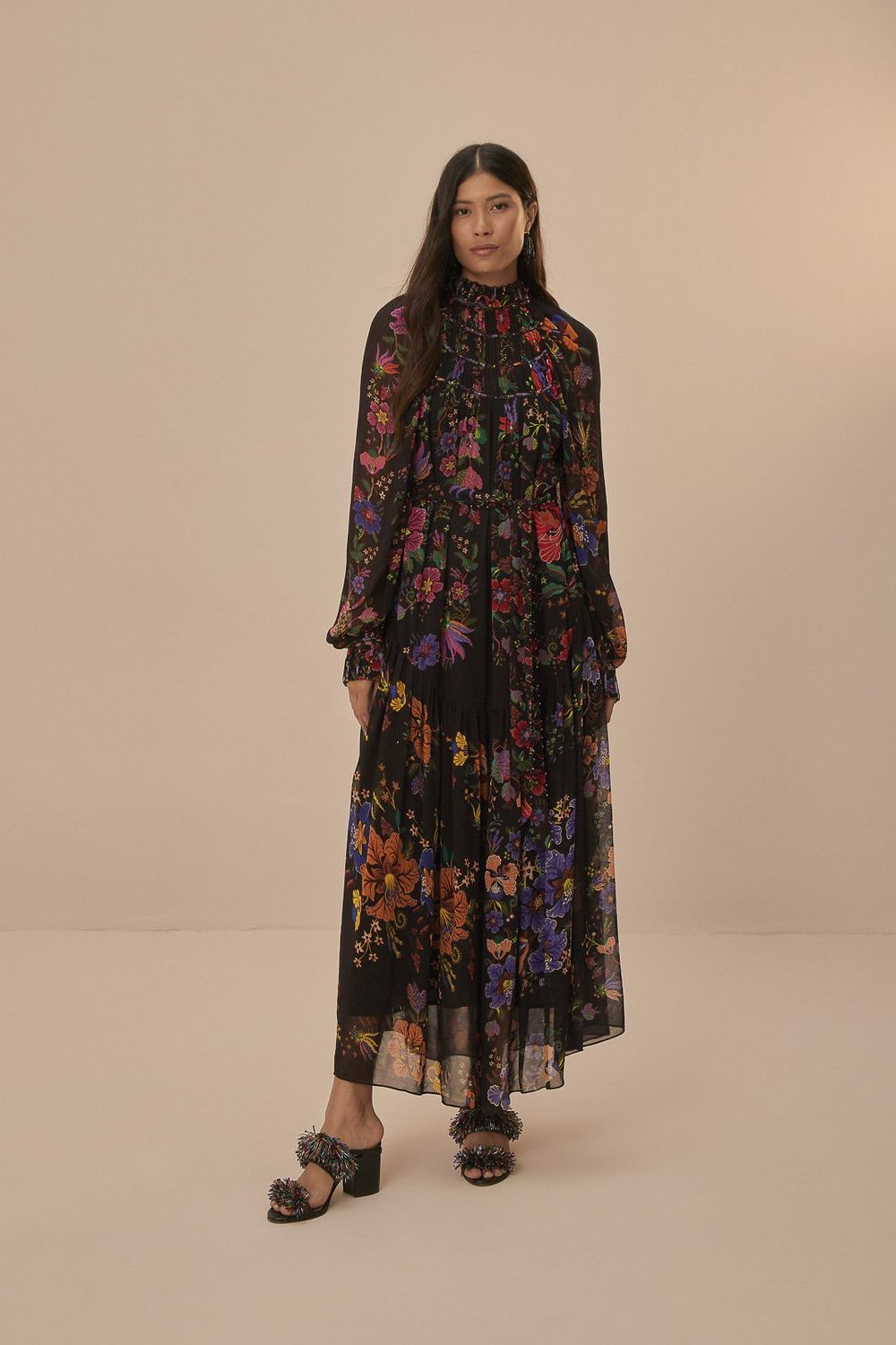 FARM RIO FLORAL SCARVES BLACK HIGH NECK MAXI DRESS
