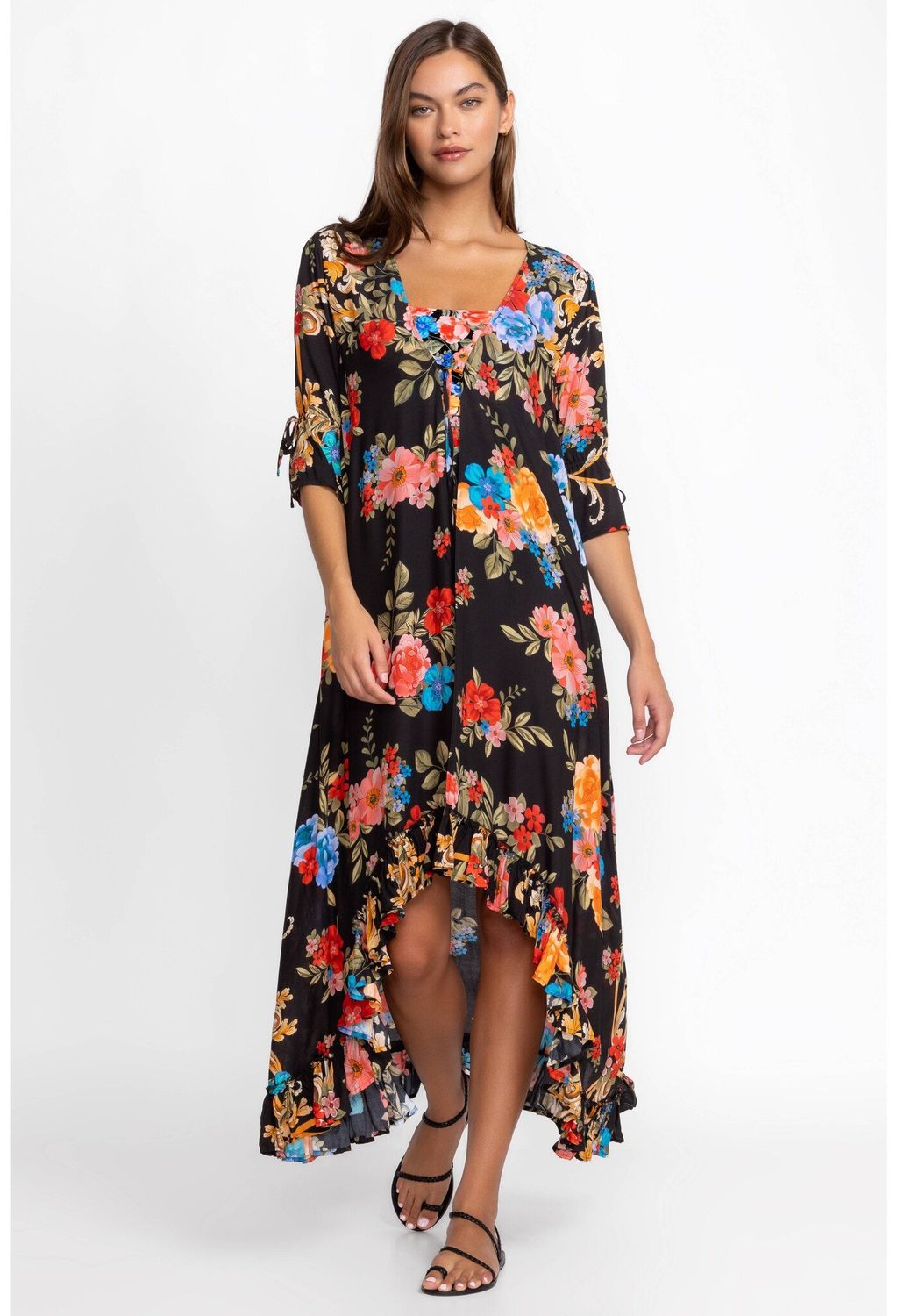 JOHNNY WAS BLACK ROYAL LONG RUFFLE KIMONO
