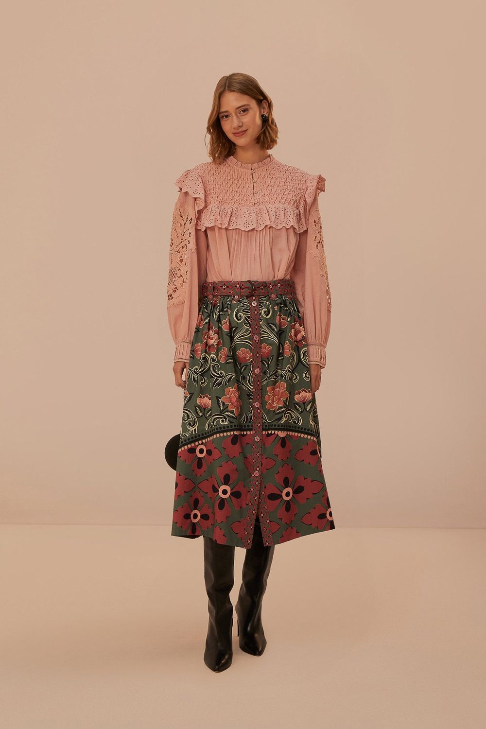FARM RIO ARABESQUE FLORAL GREEN BUTTONS MIDI SKIRT