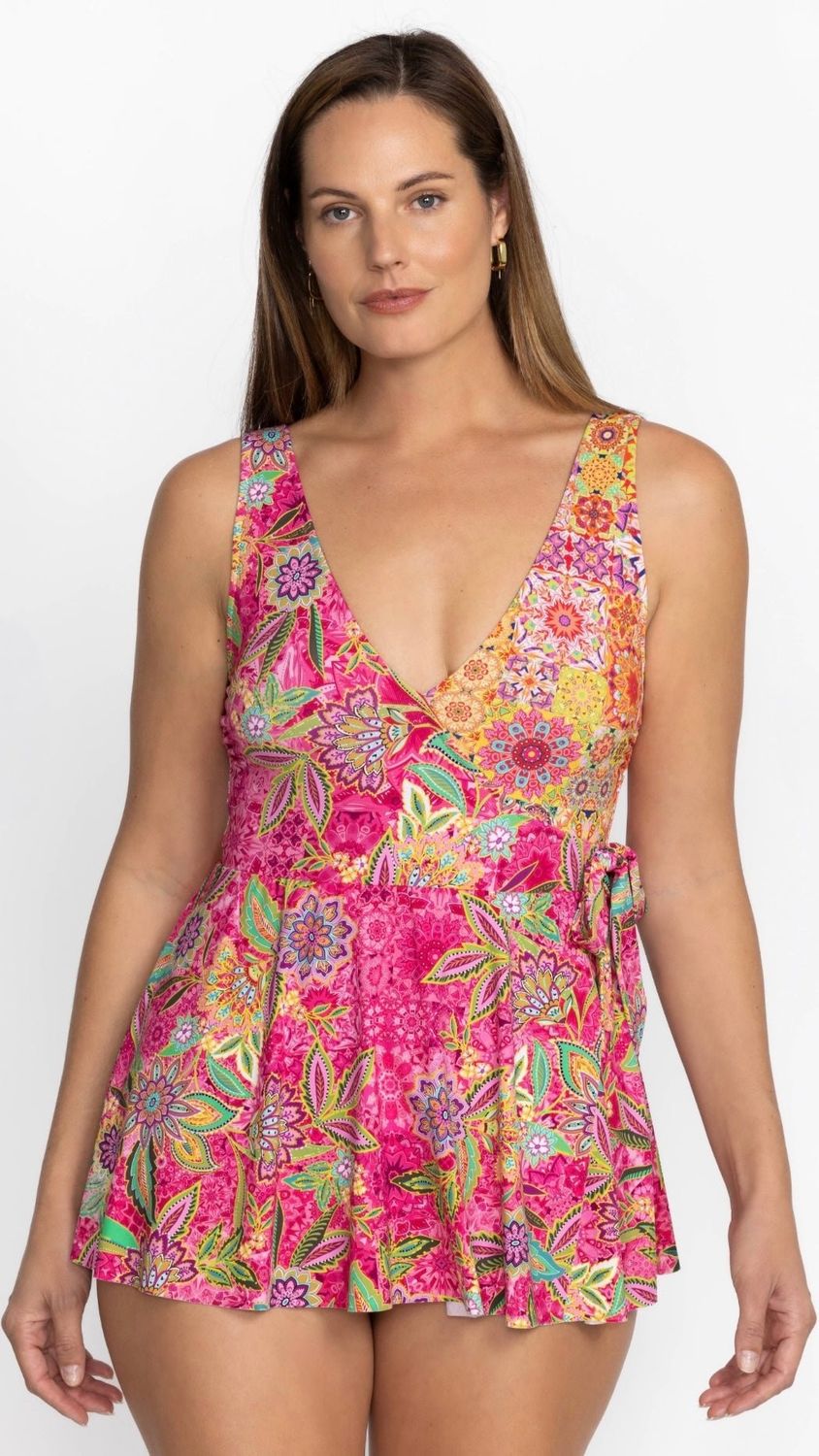 JOHNNY WAS FLAMINGO AND KALEIDA WRAP SKIRTED ONE PIECE