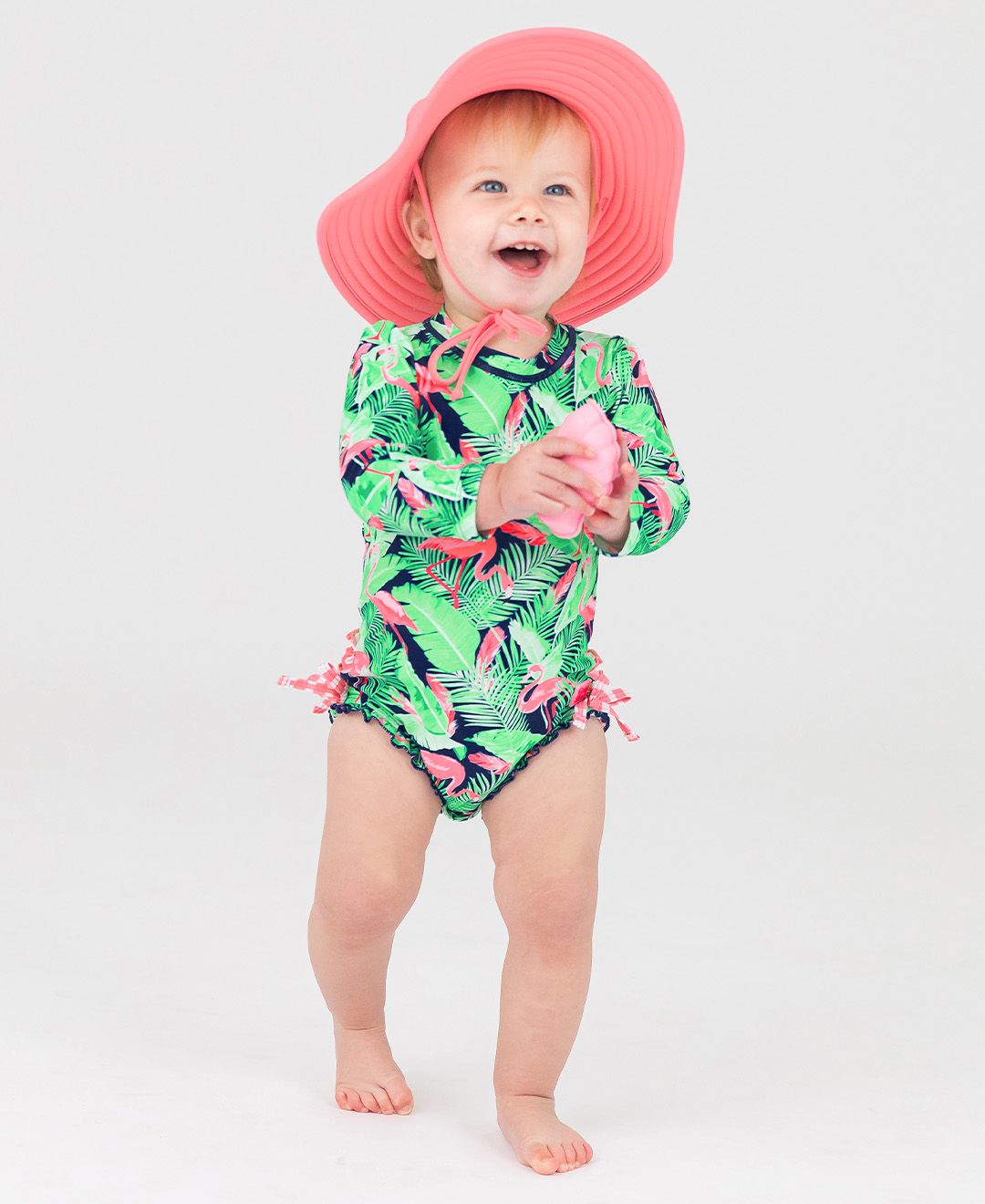 RuffleButts Long Sleeve One Piece Rash Guard FLAMINGO FRENZY