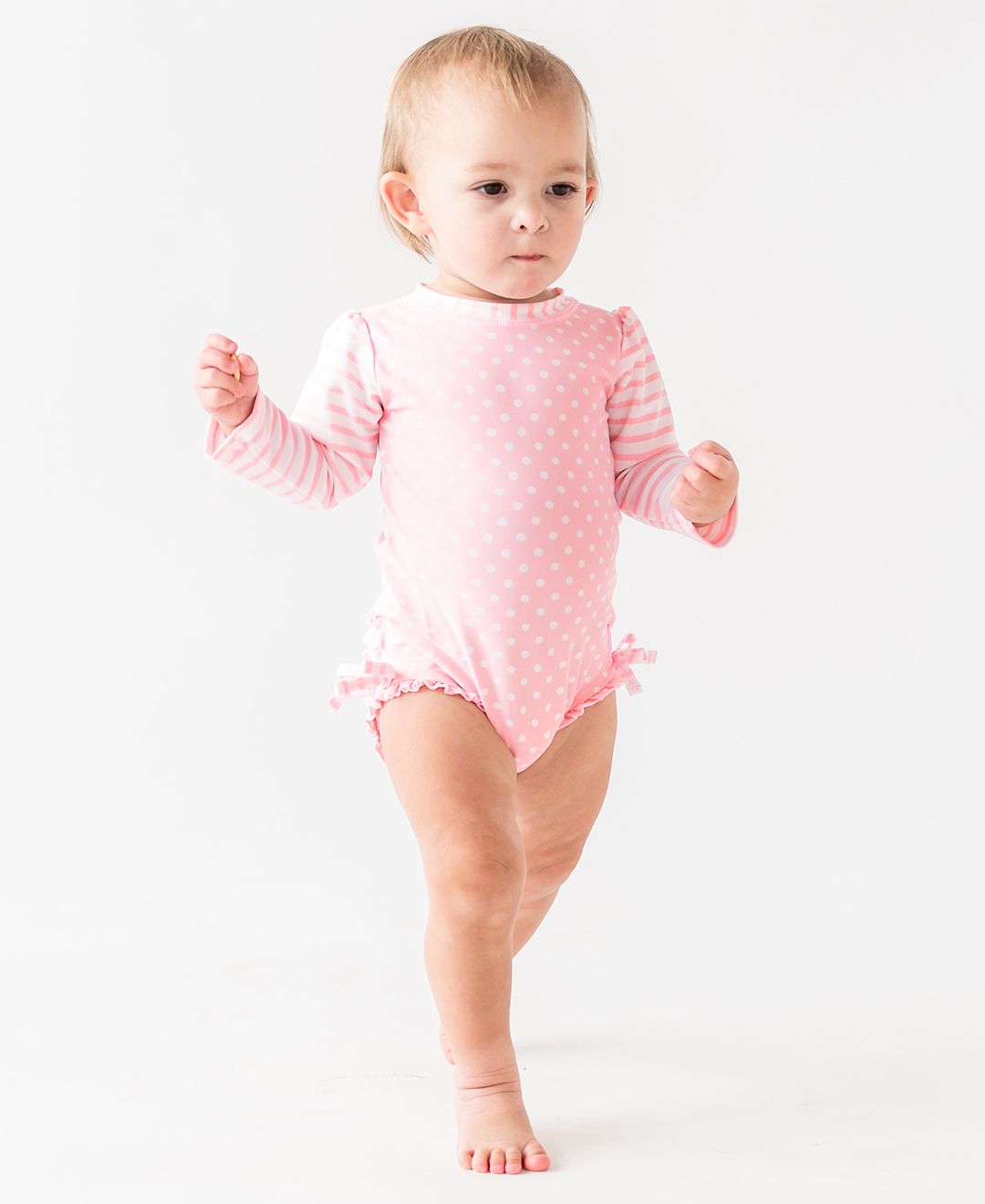 RuffleButts Long Sleeve One Piece Rash Guard PINK POLKA DOT