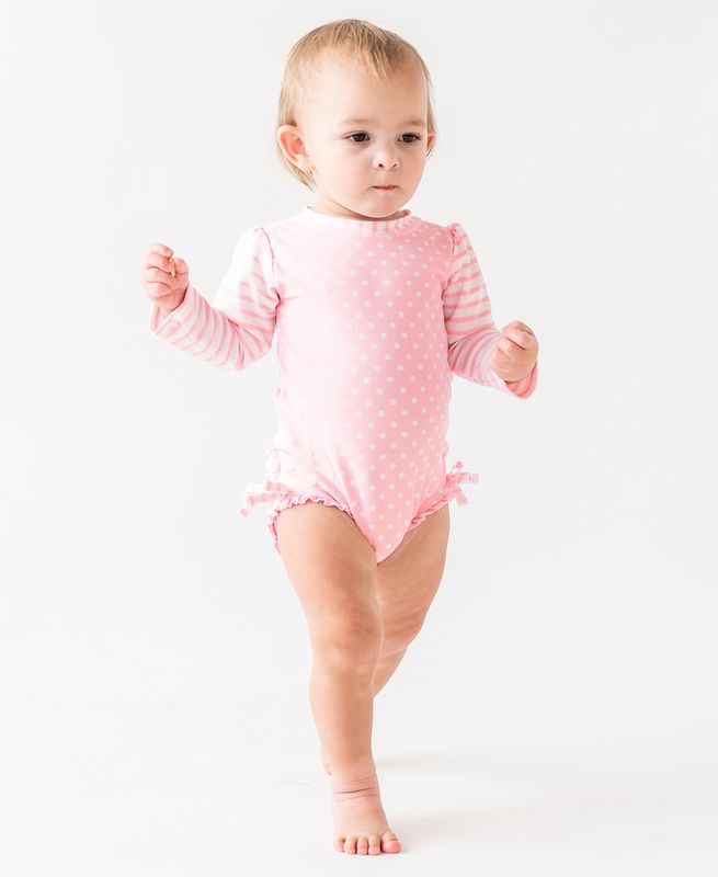 RuffleButts Long Sleeve One Piece Rash Guard PINK POLKA DOT