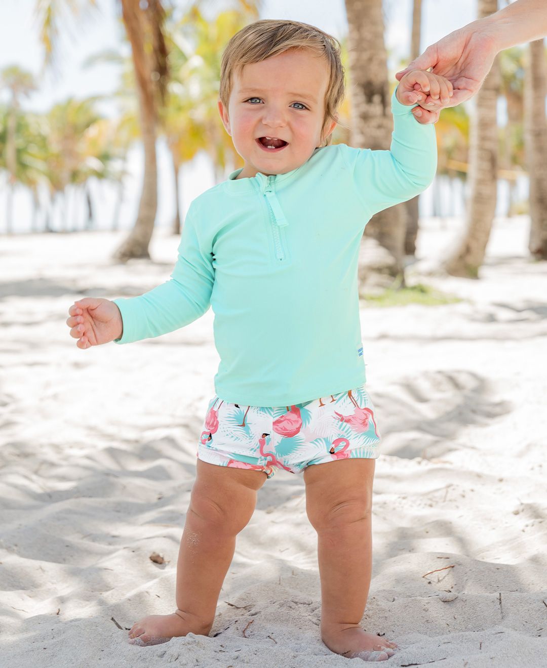RuffleButts Long Sleeve Zipper Rash Guard VINTAGE AQUA