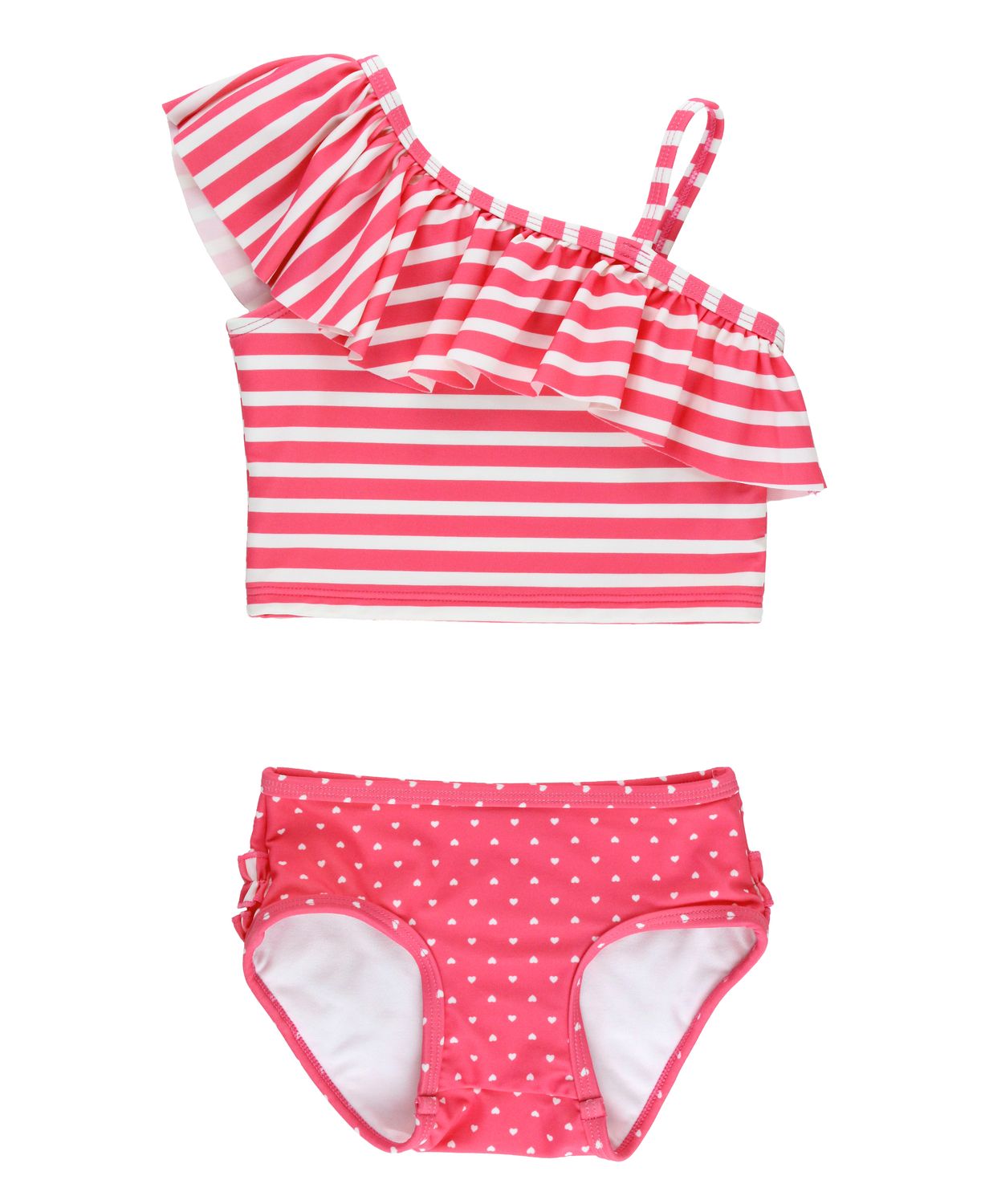 RuffleButts One Shoulder Ruffle Tankini HOT PINK HEART POLKA DOT