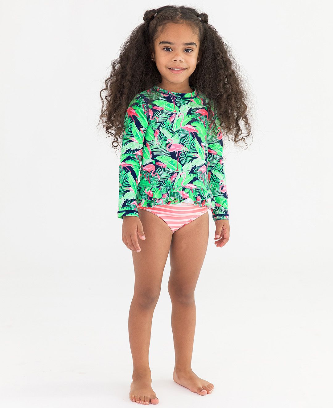 RuffleButts Ruffle Hem Rash Guard 2-Piece FLAMINGO FRENZY