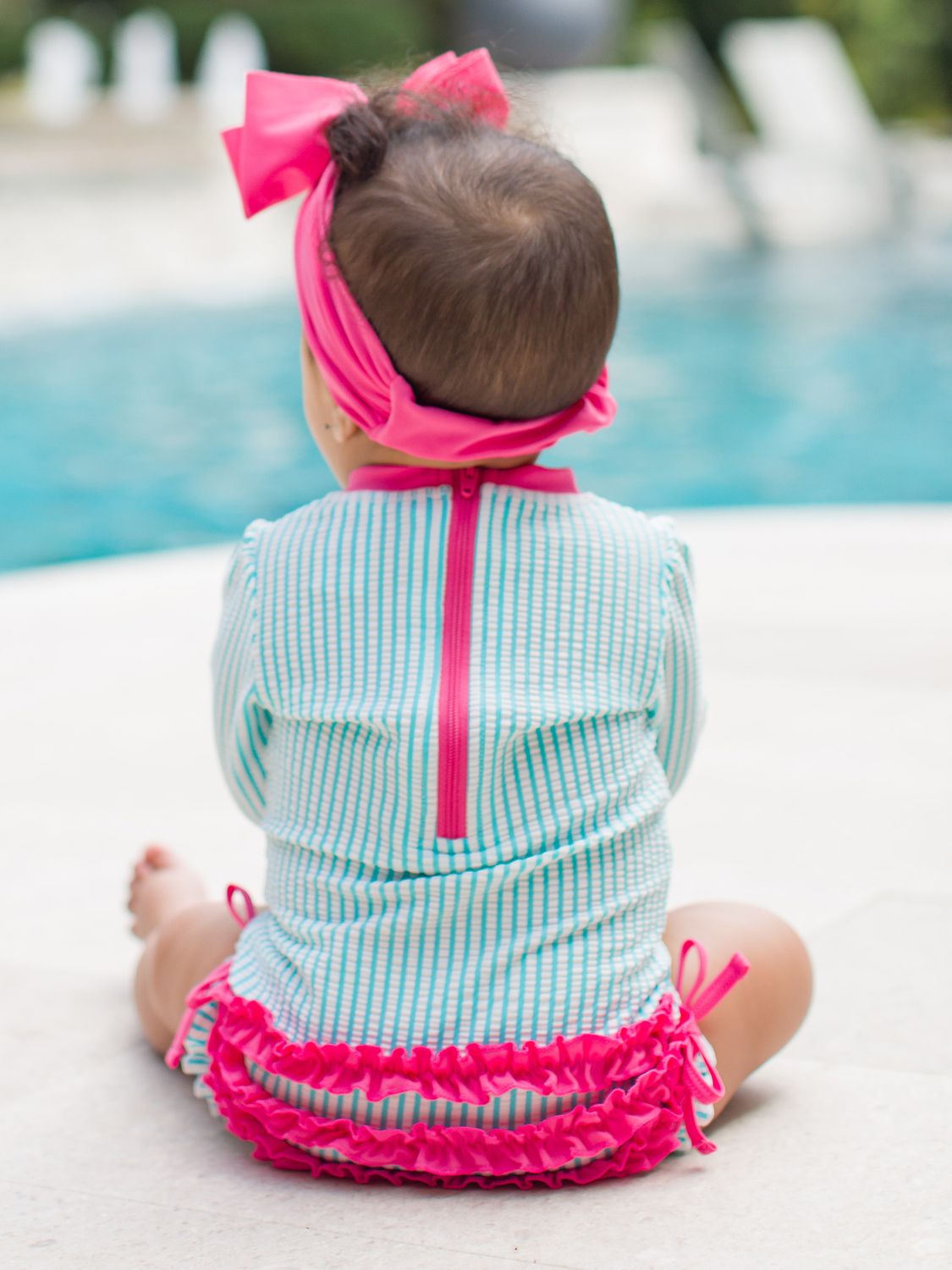 RuffleButts Seersucker Long Sleeve Rash Guard One Piece BRIGHT AQUA SEERSUCKER