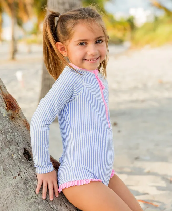 RuffleButts Seersucker Long Sleeve Rash Guard One Piece PERIWINKLE BLUE SEERSUCKER
