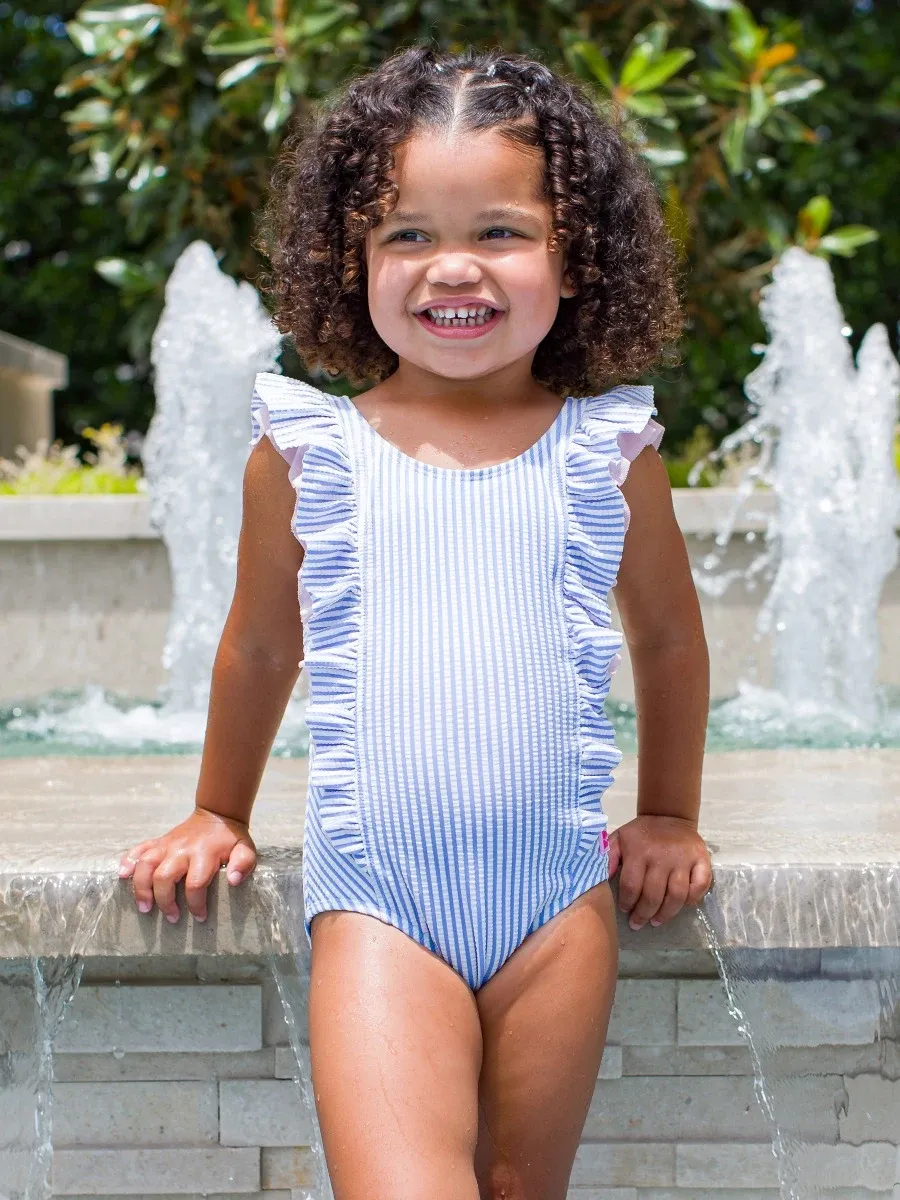 RuffleButts Seersucker Waterfall One Piece PERIWINKLE BLUE SEERSUCKER