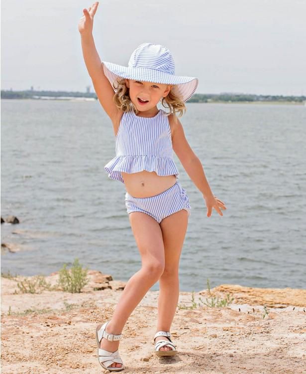 RuffleButts Swim Hat PERIWINKLE BLUE SEERSUCKER