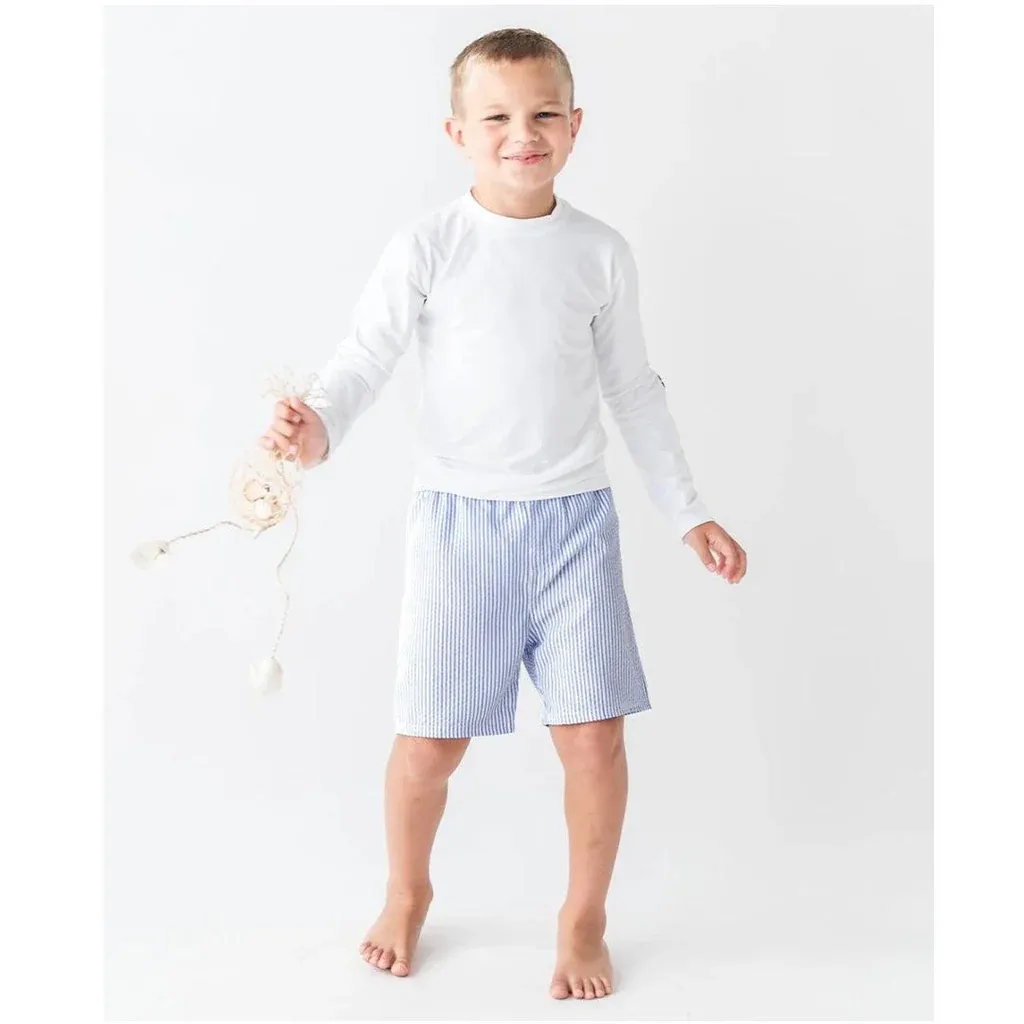 RuffleButts Swim Trunks PERIWINKLE BLUE SEERSUCKER