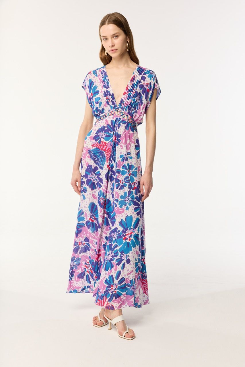 POUPETTE ST BARTH LONG DRESS CECILE V BLUE ARTISTIC FLOWER