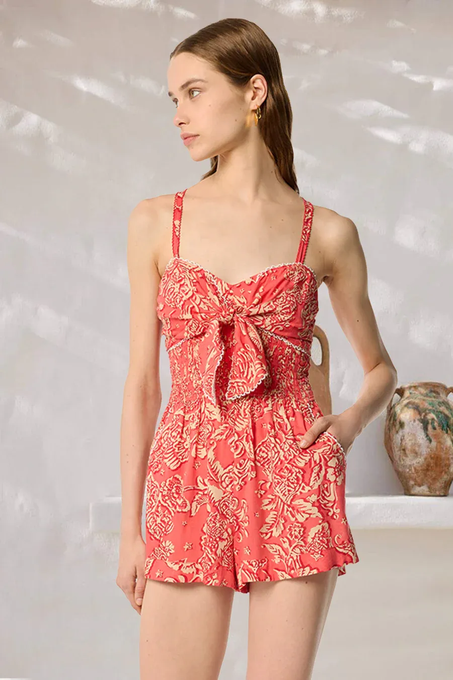 POUPETTE ST BARTH SHORT JUMPSUIT CLAUDIA V PINK ORIENTAL FOULARD