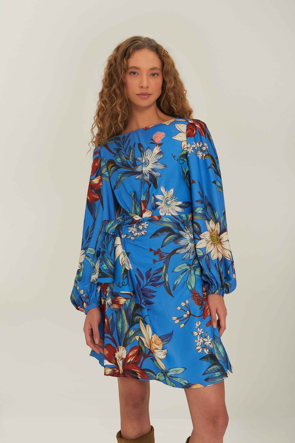 FARM RIO SURREAL FLOWERS BLUE WRAP MINI DRESS