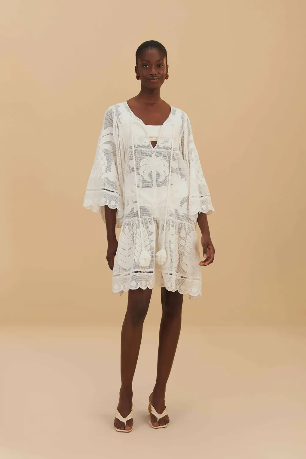 FARM RIO PALM TREE CUTWORK WHITE MINI DRESS
