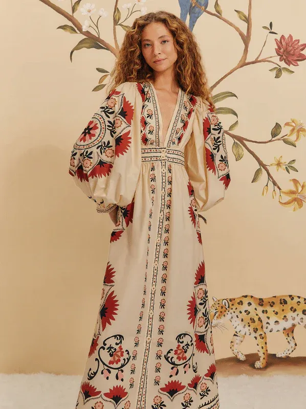 FARM RIO CASHEW MANDALA CREAM MAXI DRESS