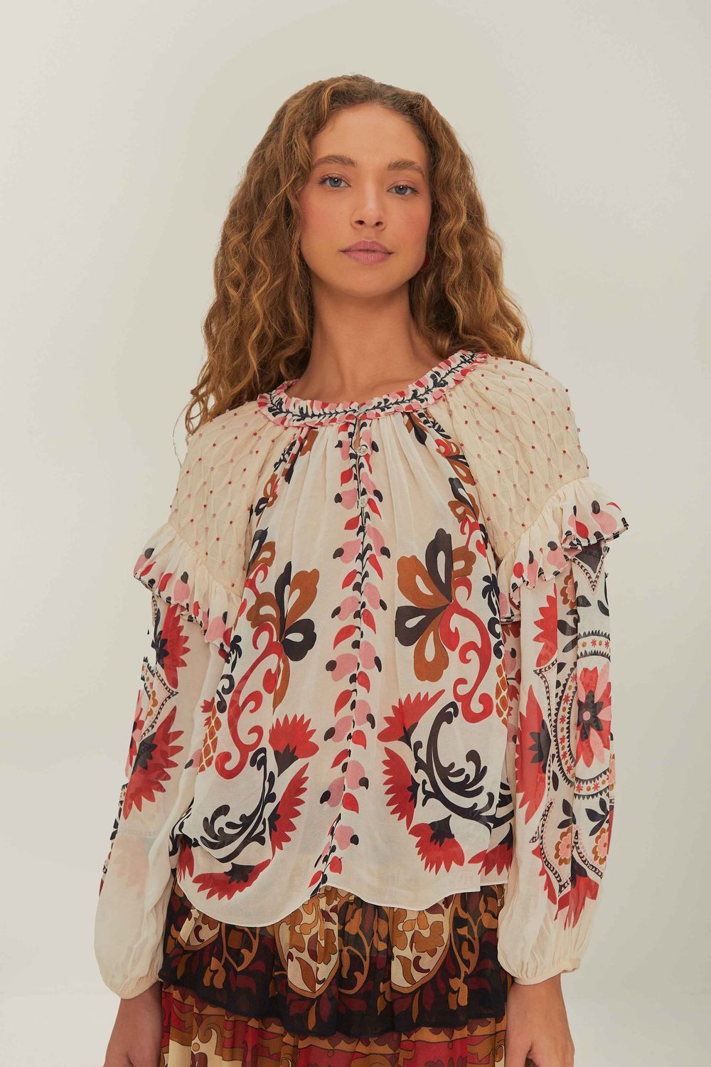 FARM RIO CASHEW MANDALA CREAM SMOCKED LONG SLEEVE BLOUSE