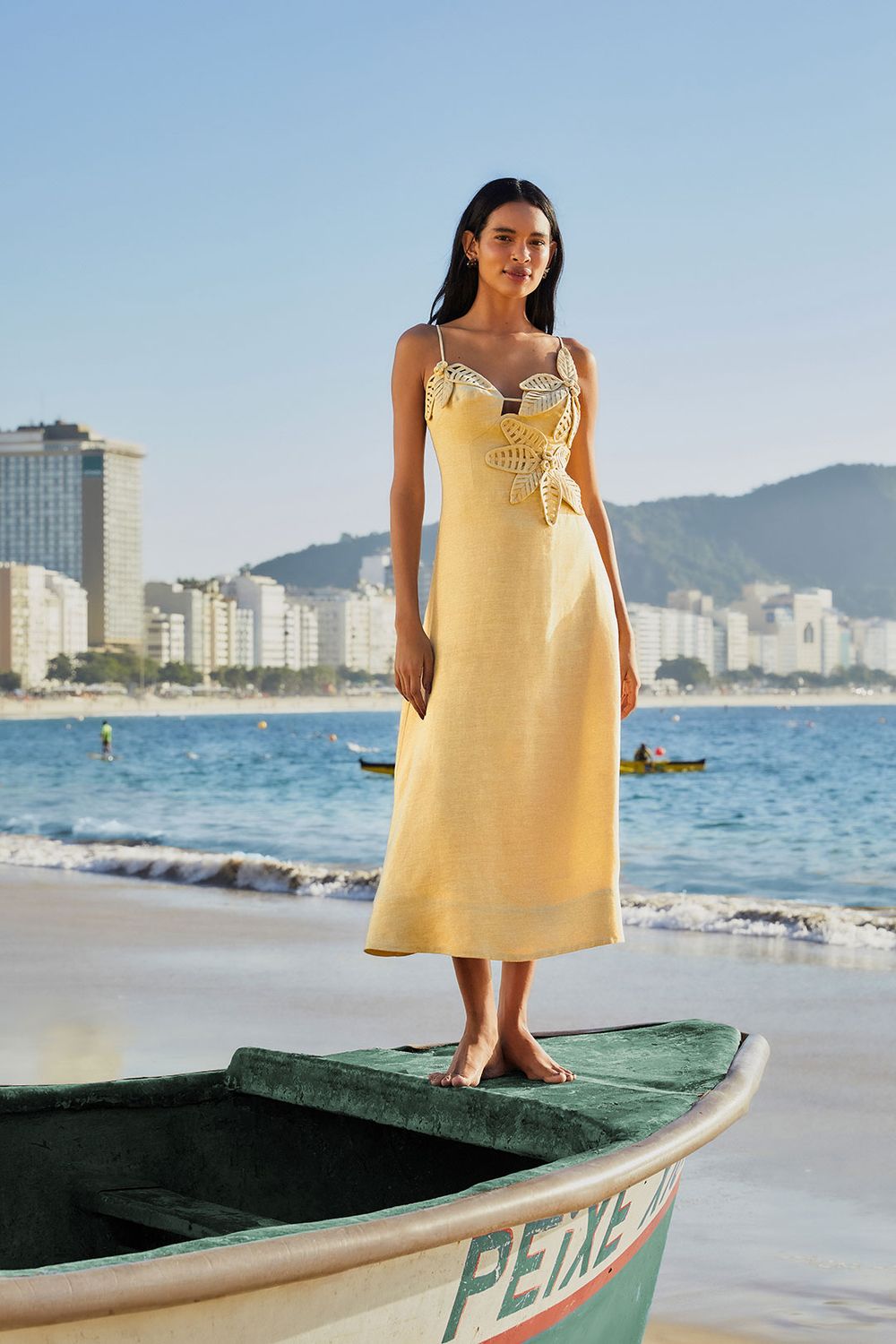 FARM RIO SAND FLOWERED BUST MIDI DRESS