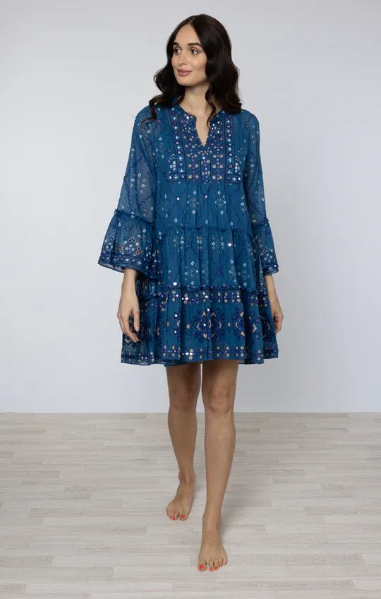 JULIET DUNN FLARED SLEEVE DRESS PEACOCK MOSAIC PRINT