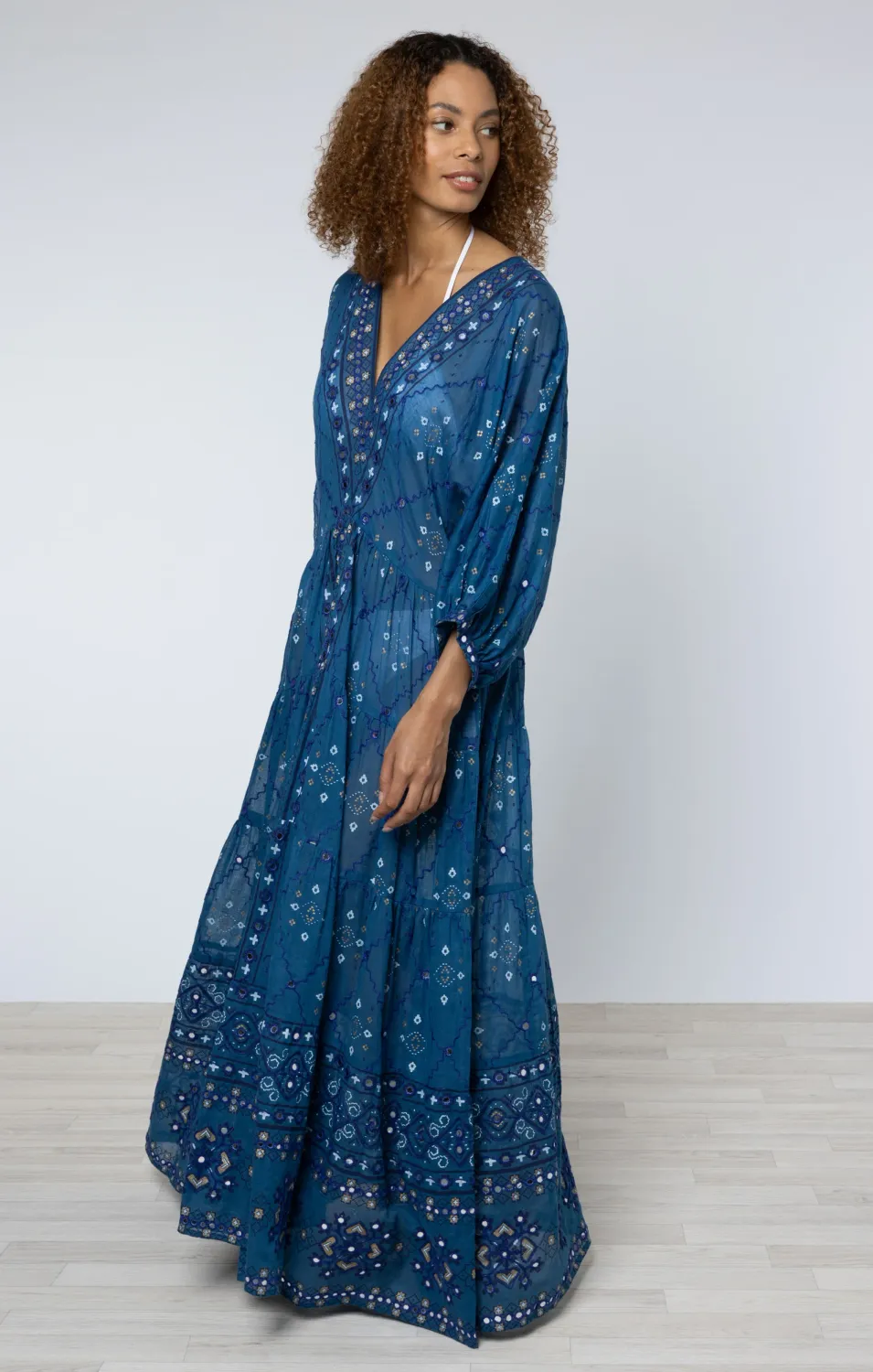 JULIET DUNN V-NECK LOOSE MAXI DRESS MOSAIC PEACOCK PRINT MIRROR
