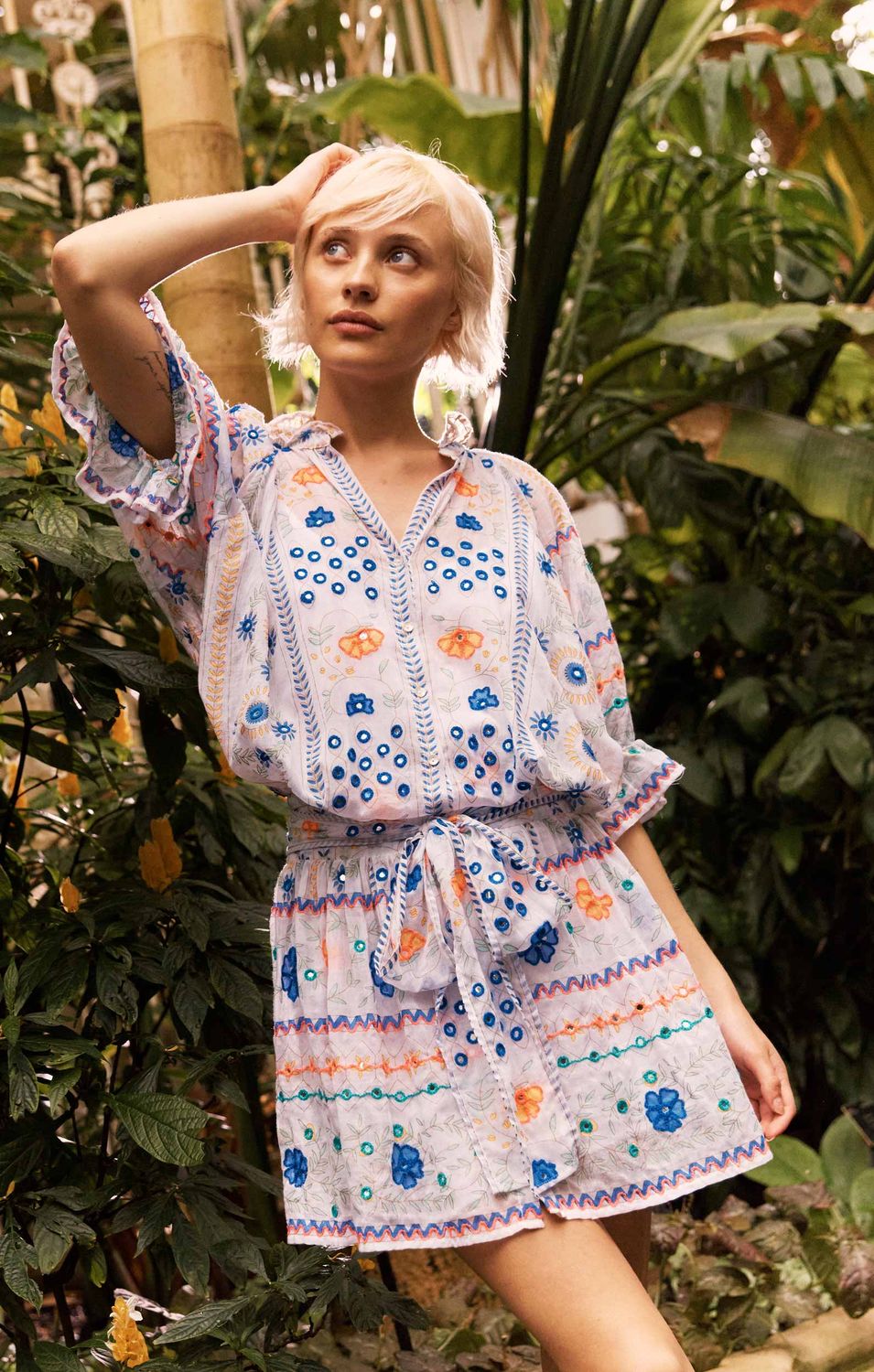 JULIET DUNN BLOUSON DRESS MEXICAN PRINT BLUE