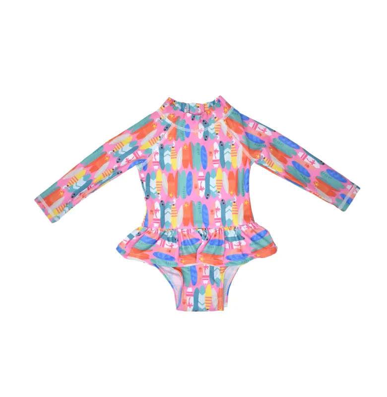 Flap Happy Pink Beach Boards Ruffle Rash Guard