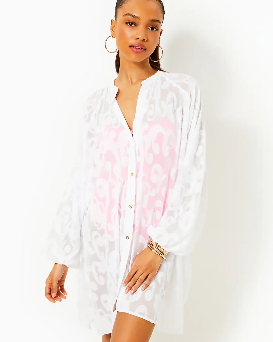 LILLY PULITZER ANDRAE COVERUP RESORT WHITE POLY CREPE SWIRL CLIP
