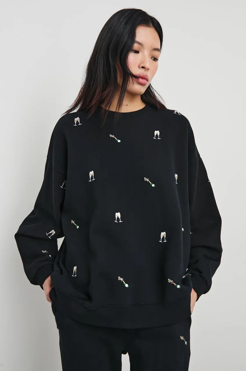 RAILS VARSITY SWEATSHIRT BLACK CHAMPAGNE EMBROIDERY