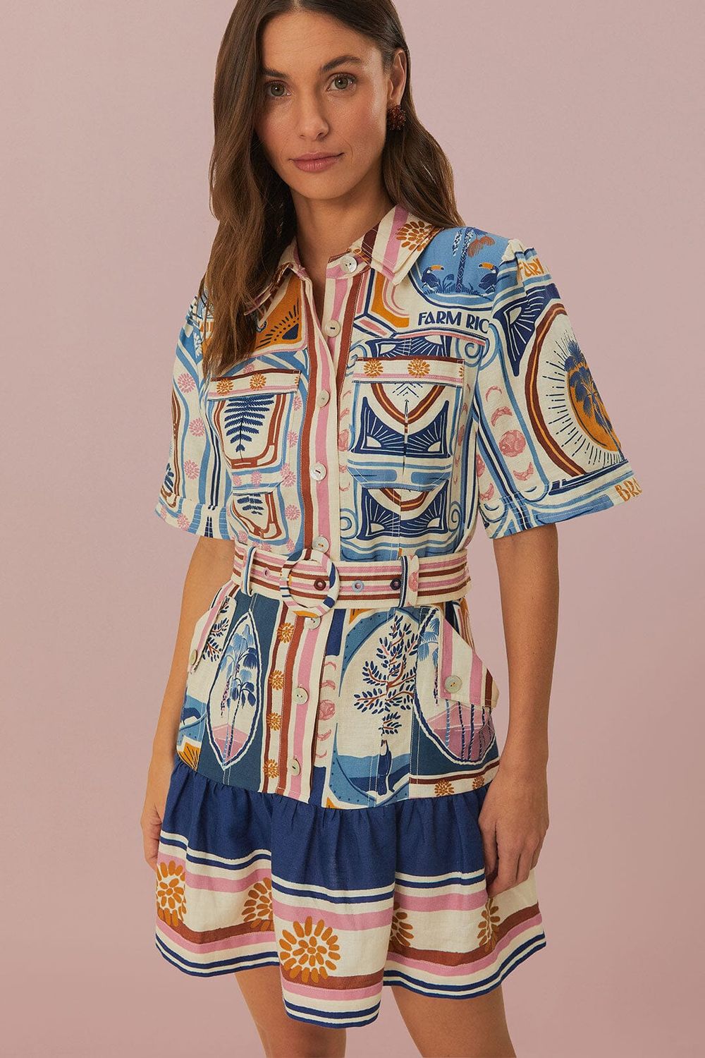 FARM RIO CERRADO STAMPS CREAM SHORT SLEEVE MINI DRESS