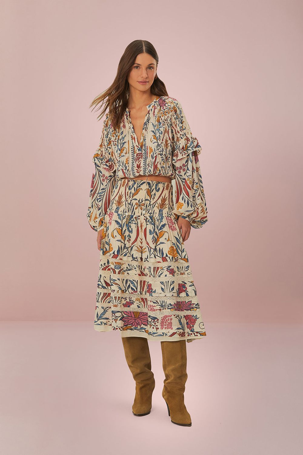 FARM RIO ROMANTIC LIGHTNESS CREAM MIDI SKIRT