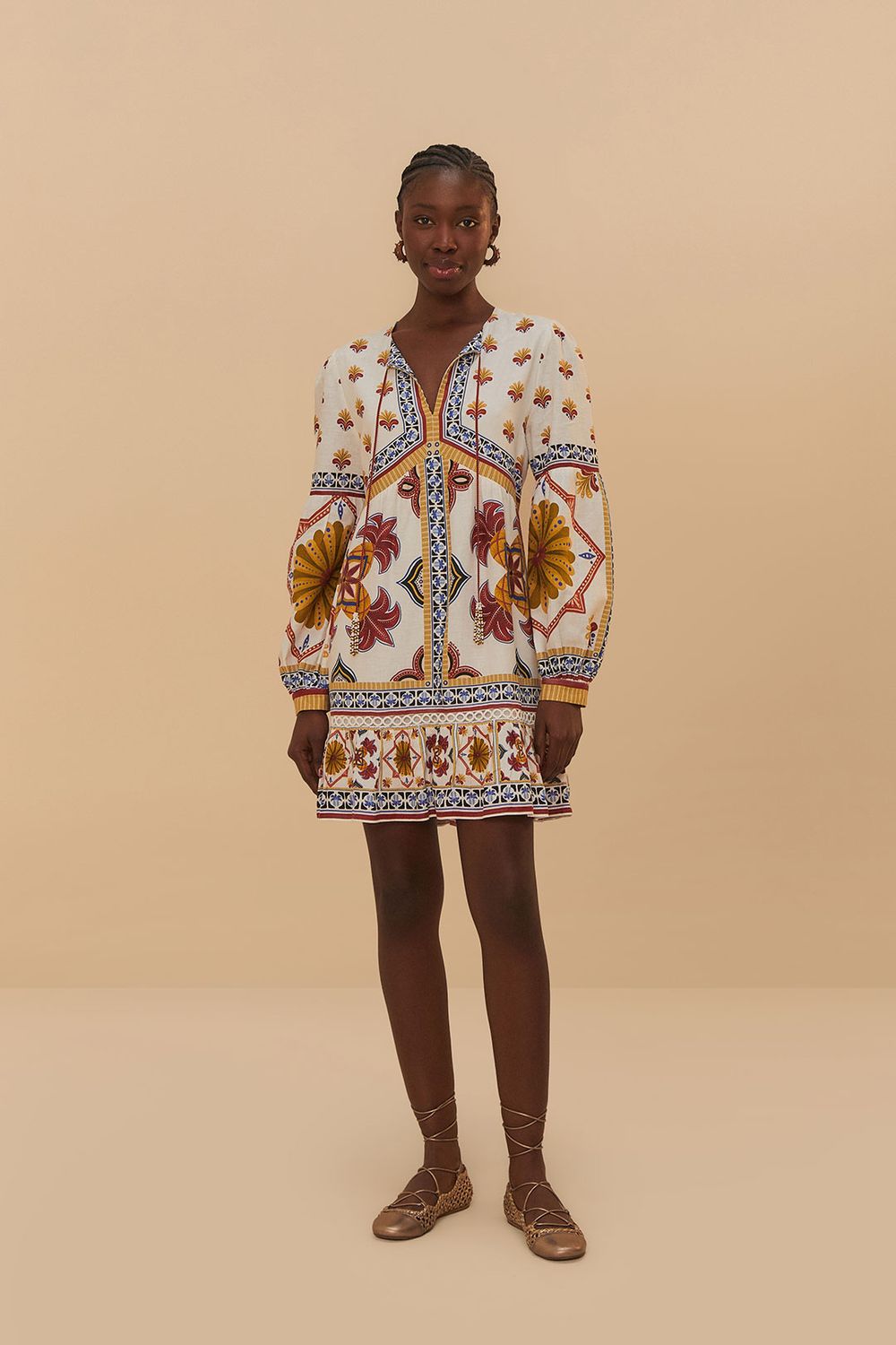 FARM RIO MARYS TILES OFF-WHITE MINI DRESS