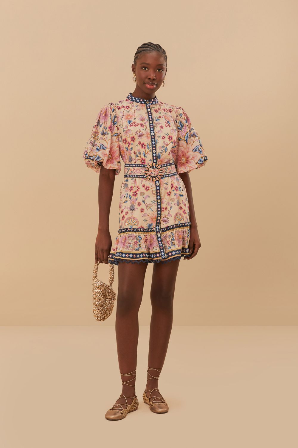 FARM RIO SUPERBLOOM TAPESTRY CREAM PUFF SLEEVES MINI DRESS