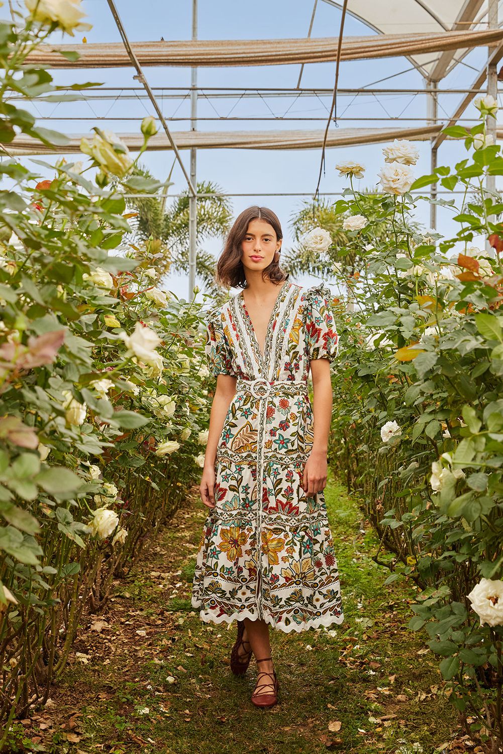FARM RIO BOTANICALS OFF-WHITE MIDI DRESS