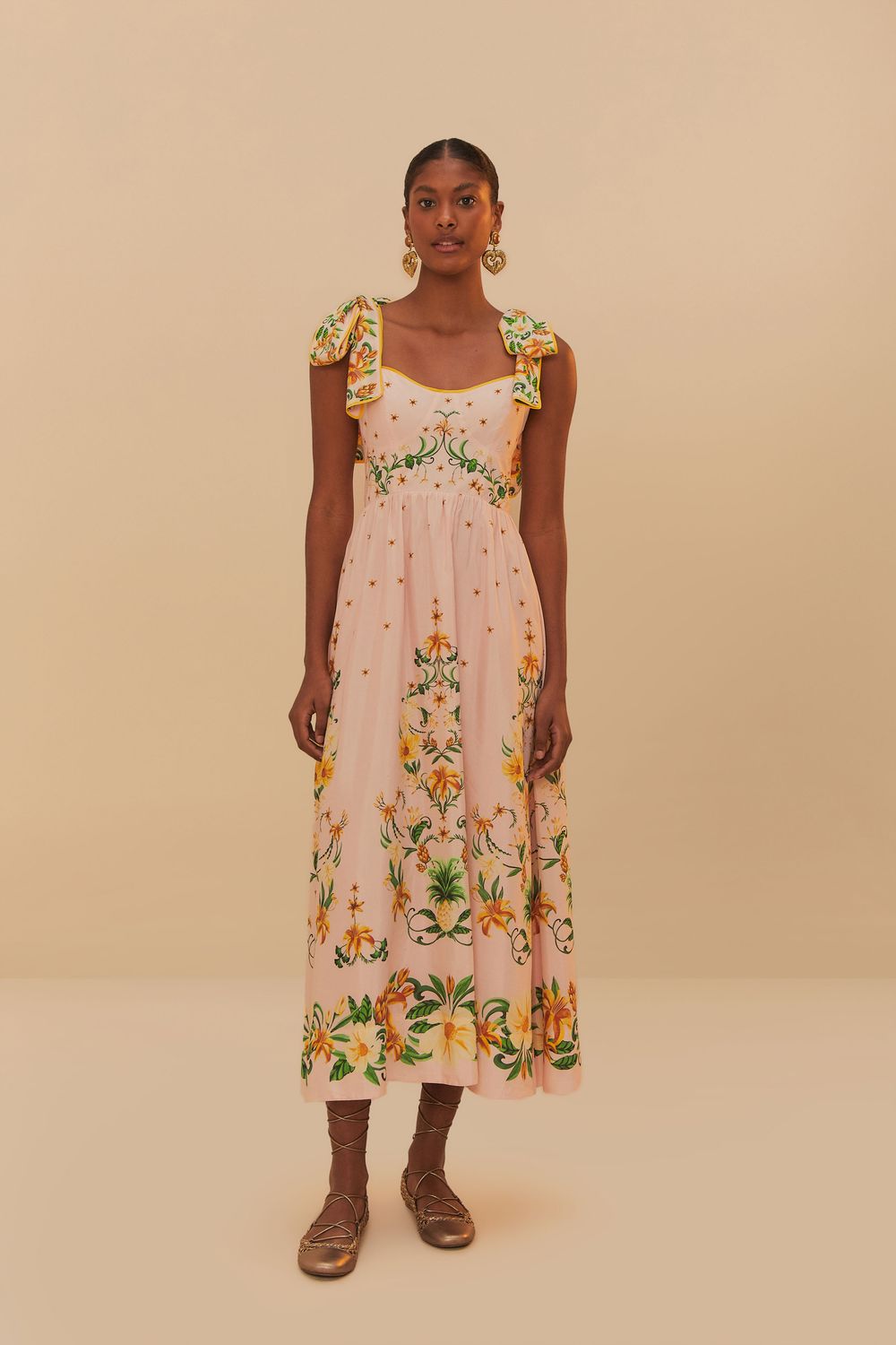 FARM RIO BOTANICAL BEAUTY PINK LACES CUP MIDI DRESS