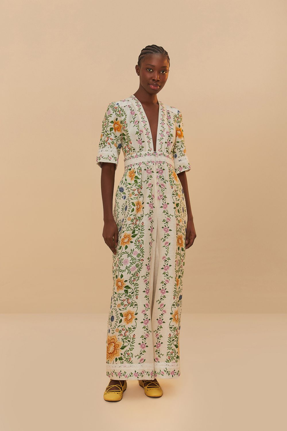 FARM RIO FOLK FLORAL OFF-WHITE JUMPSUIT