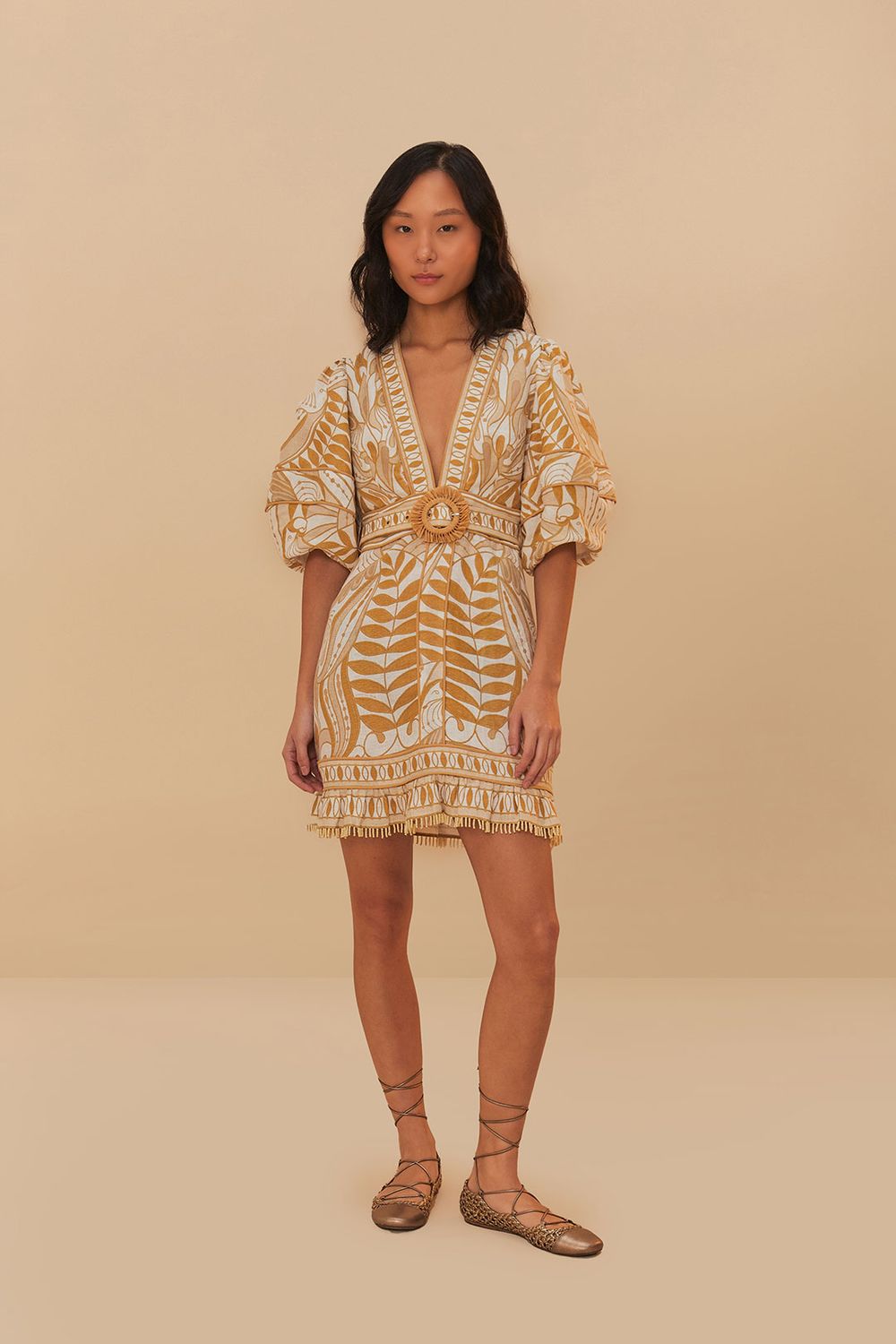 FARM RIO LACE NATURE MINI DRESS SHORT SLEEVE