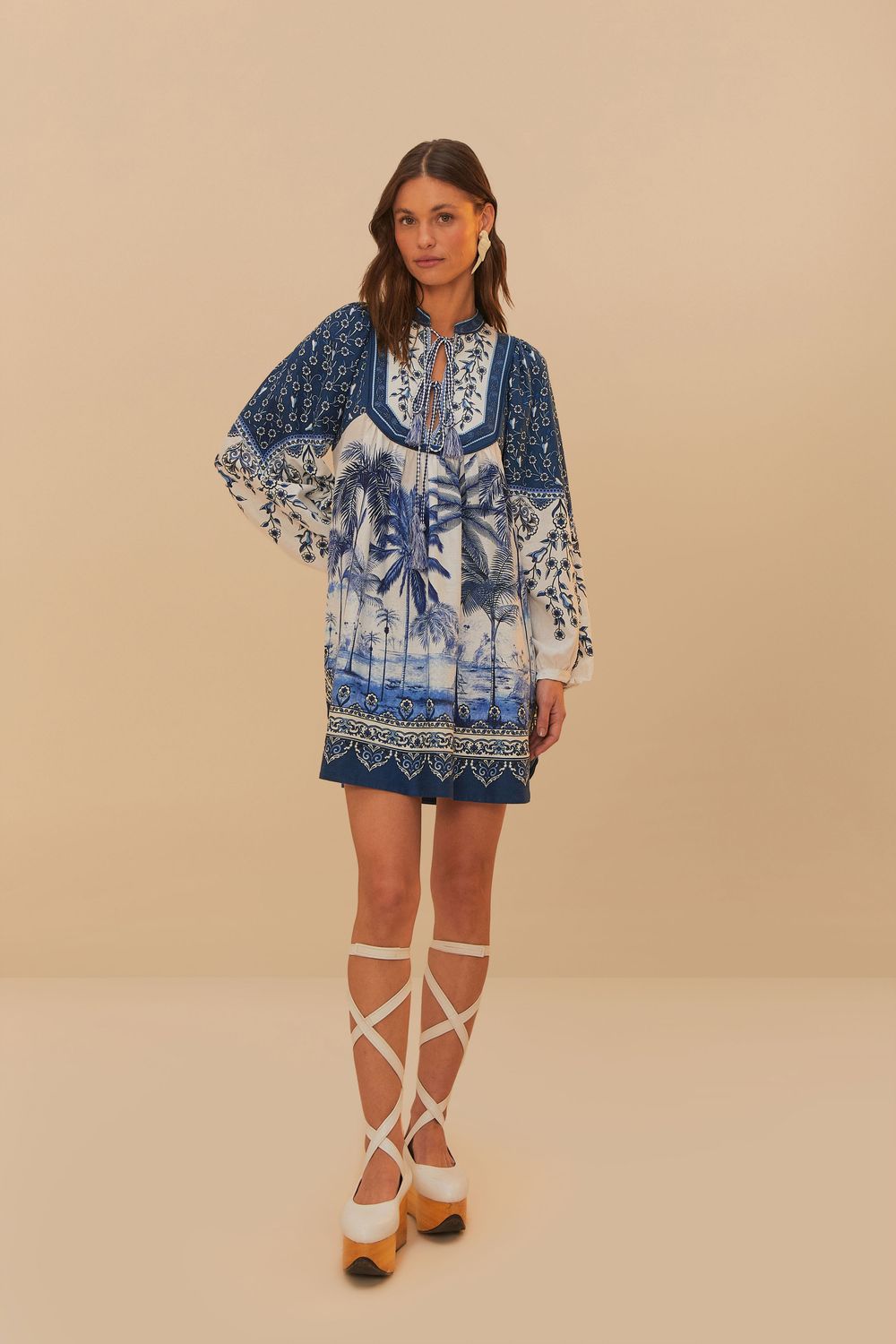 FARM RIO PALM TREE BEACH OFF-WHITE MINI DRESS