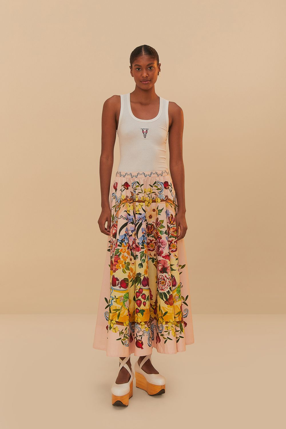 FARM RIO GARDEN TERRACE PINK MIDI SKIRT