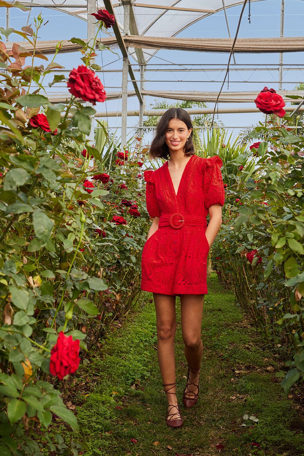 FARM RIO RED EYELETS ROMPER