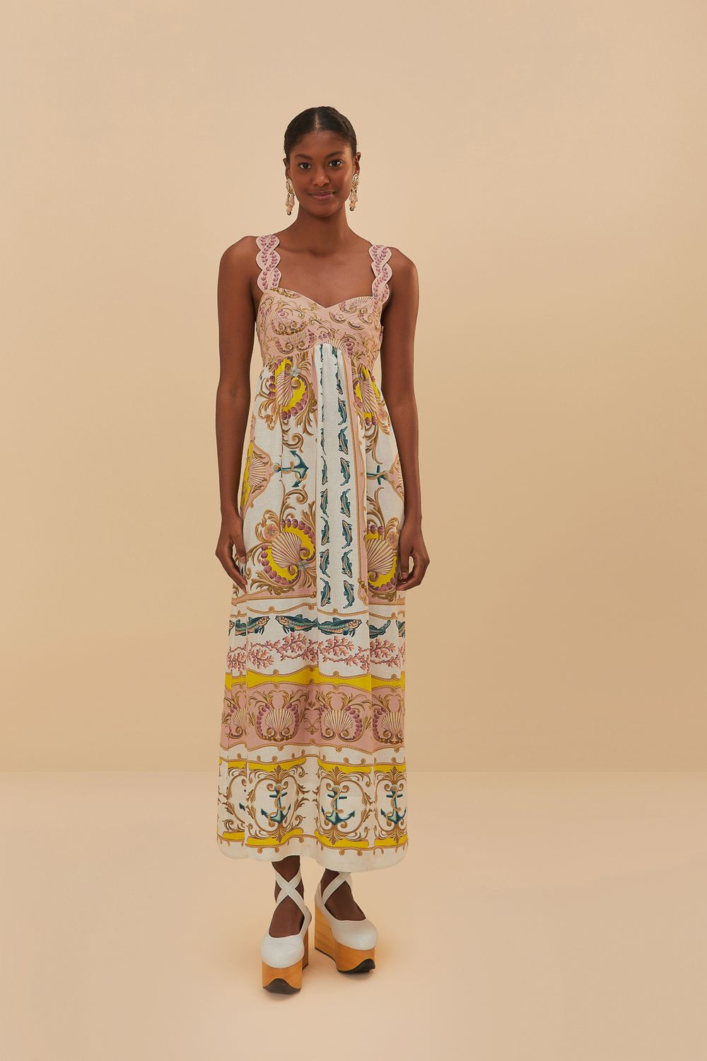 FARM RIO MARITIME MAGIC OFF-WHITE SLEEVELESS MAXI DRESS