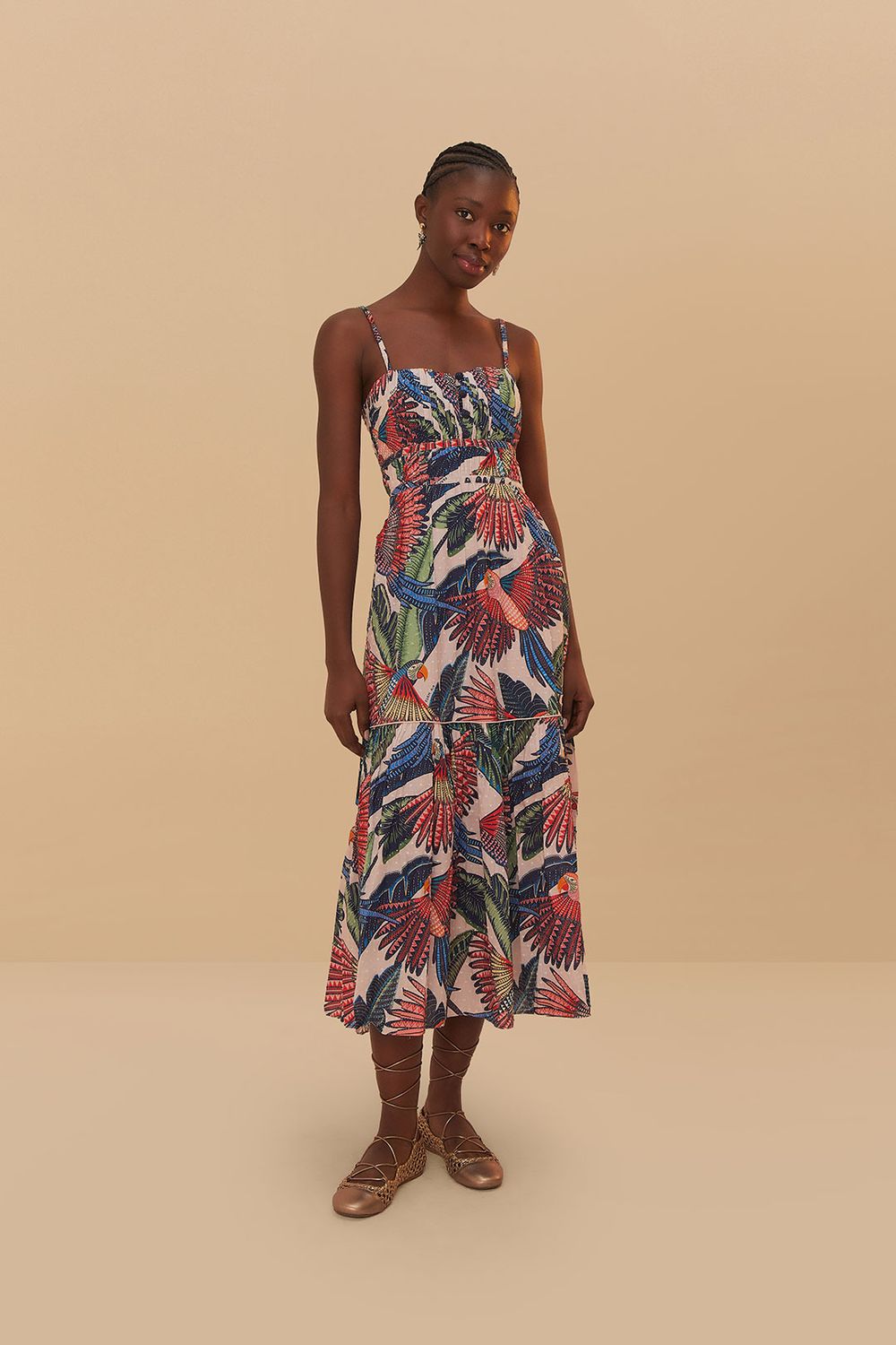 FARM RIO MACAW FLIGHT PINK MIDI DRESS