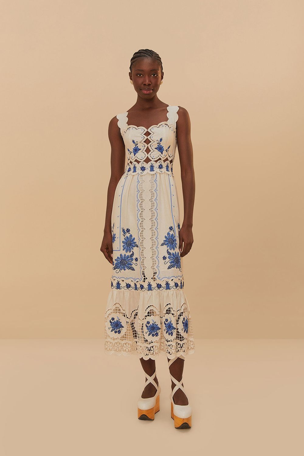 FARM RIO CROSS STITCH RICHELIEU SUNFLOWER OFF-WHITE MIDI DR