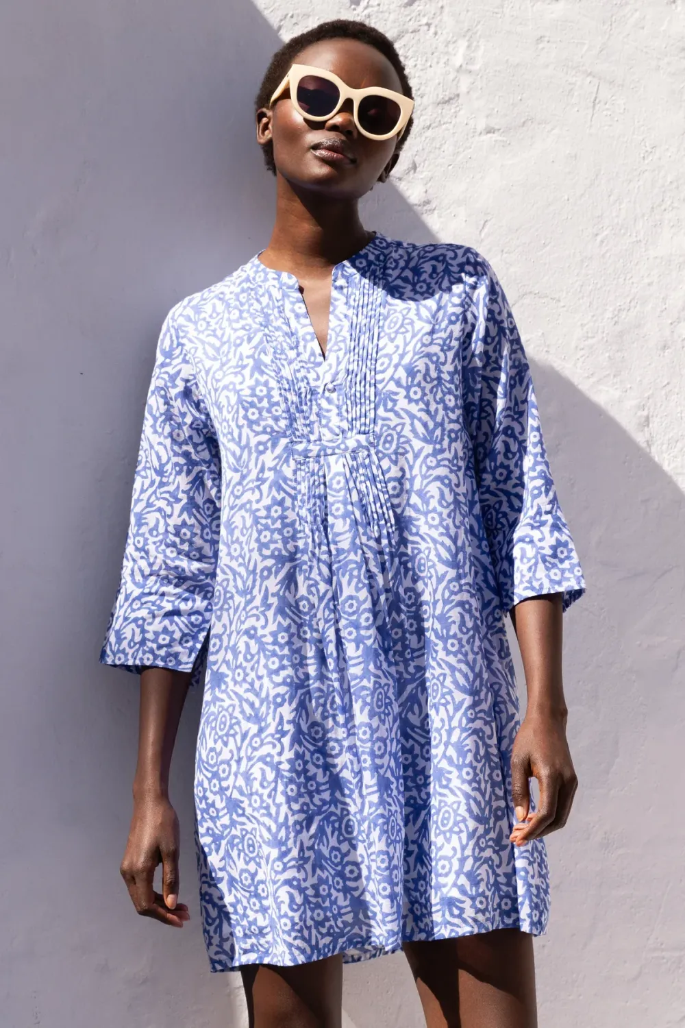 Oliphant 3/4 Sleeve Pintuck Short Dress Cypress