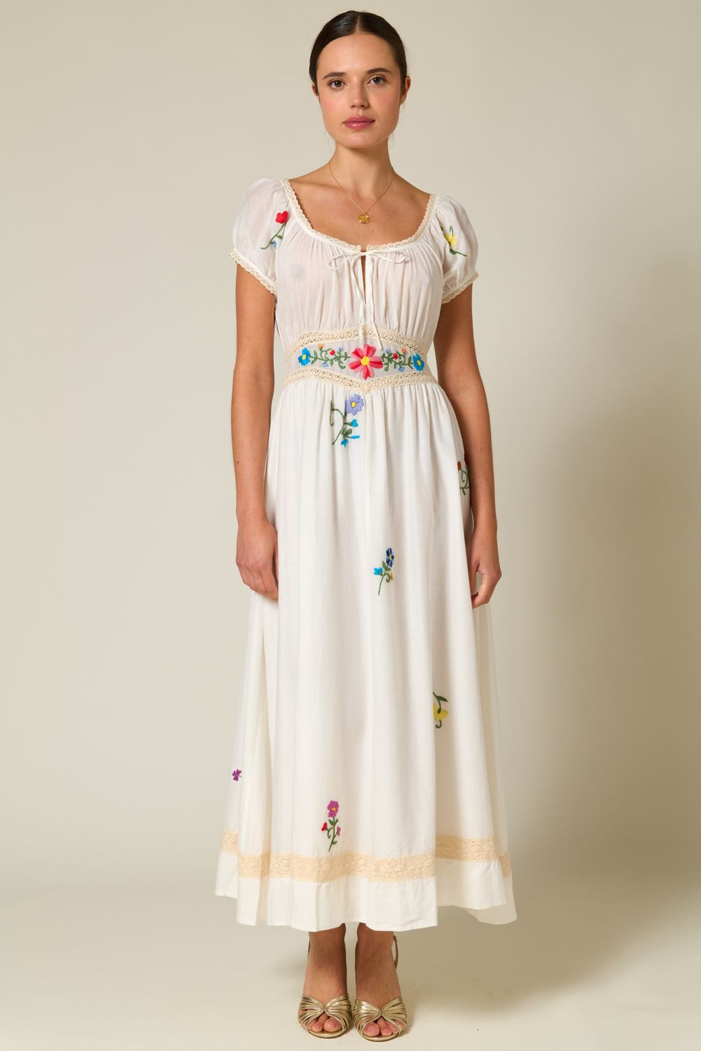 Rixo Alani Dress Ombre Floral Embroidery Ivory